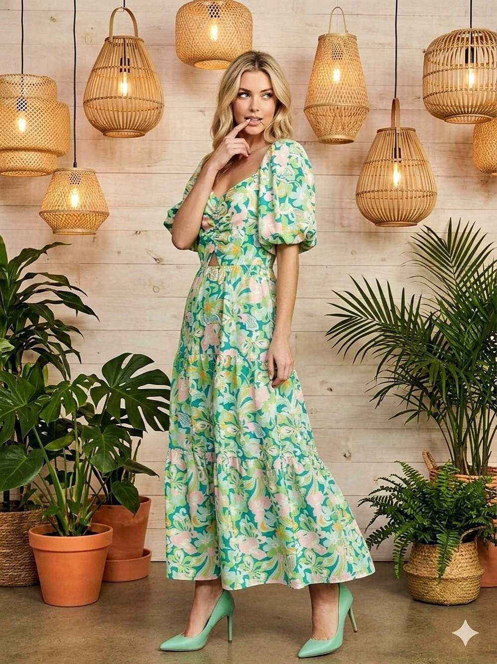 Floral Smocked Back Cutout Triangle Maxi Dress In Mint & Pink